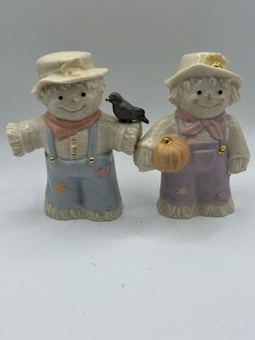 Lenox Cream, Blue and Lavender Scarecrow Salt and Pepper Shakers